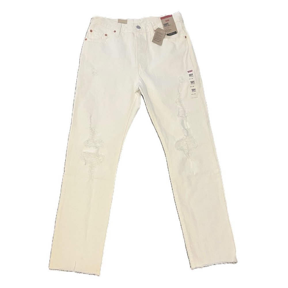 NWT Levi's 501 Original, High Rise, Straight Leg, Distressed Jean, White, 29x30